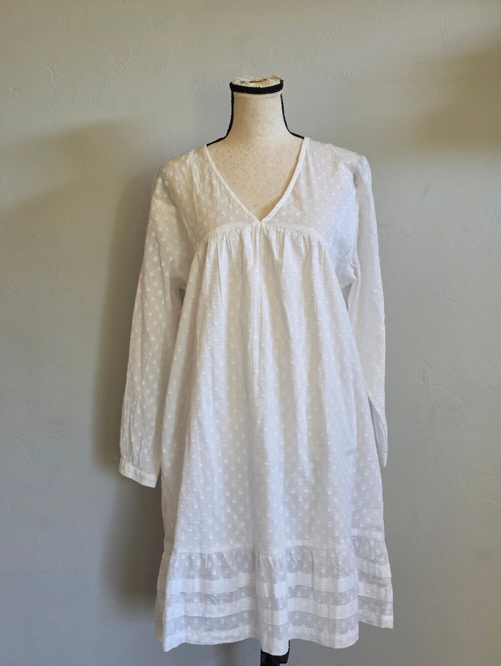 Roper White Swiss Dot Cotton Babydoll Dress V-Neck Boho Western Medium